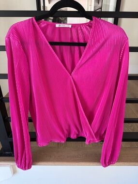 CUPSHE Fuchsia Long Sleeve V-Neck Wrap Blouse